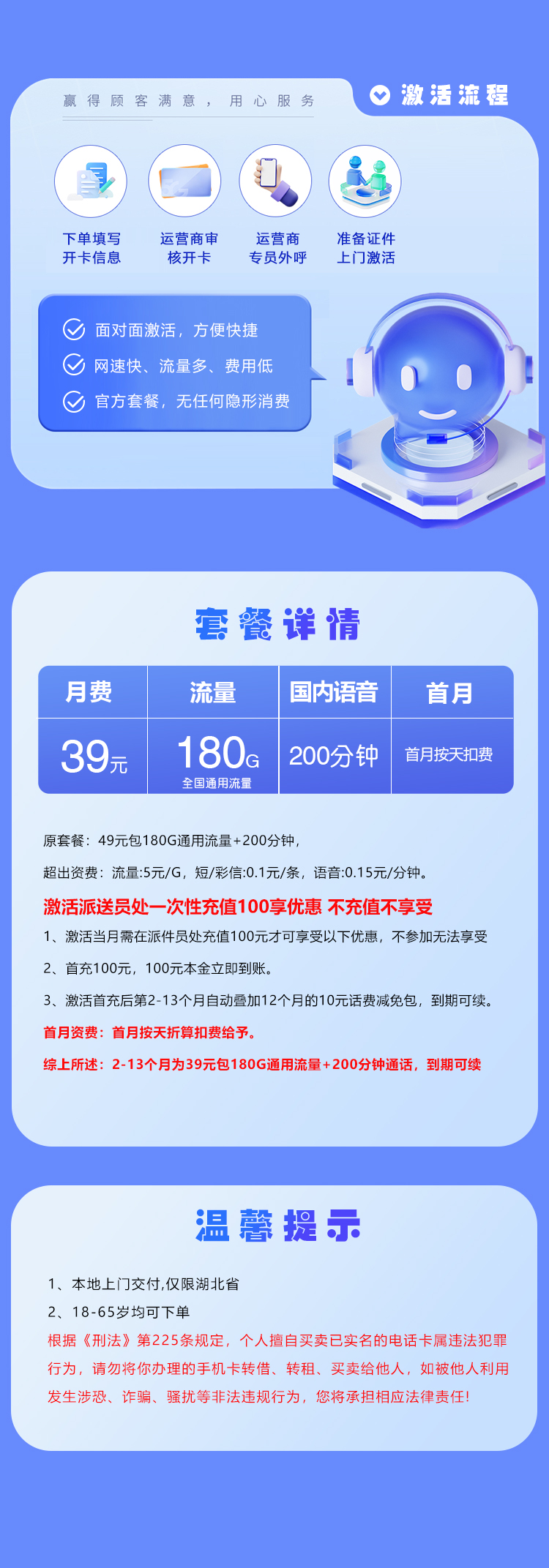 湖北省内联通专享卡 【39元180G+200分钟】 套餐详情图