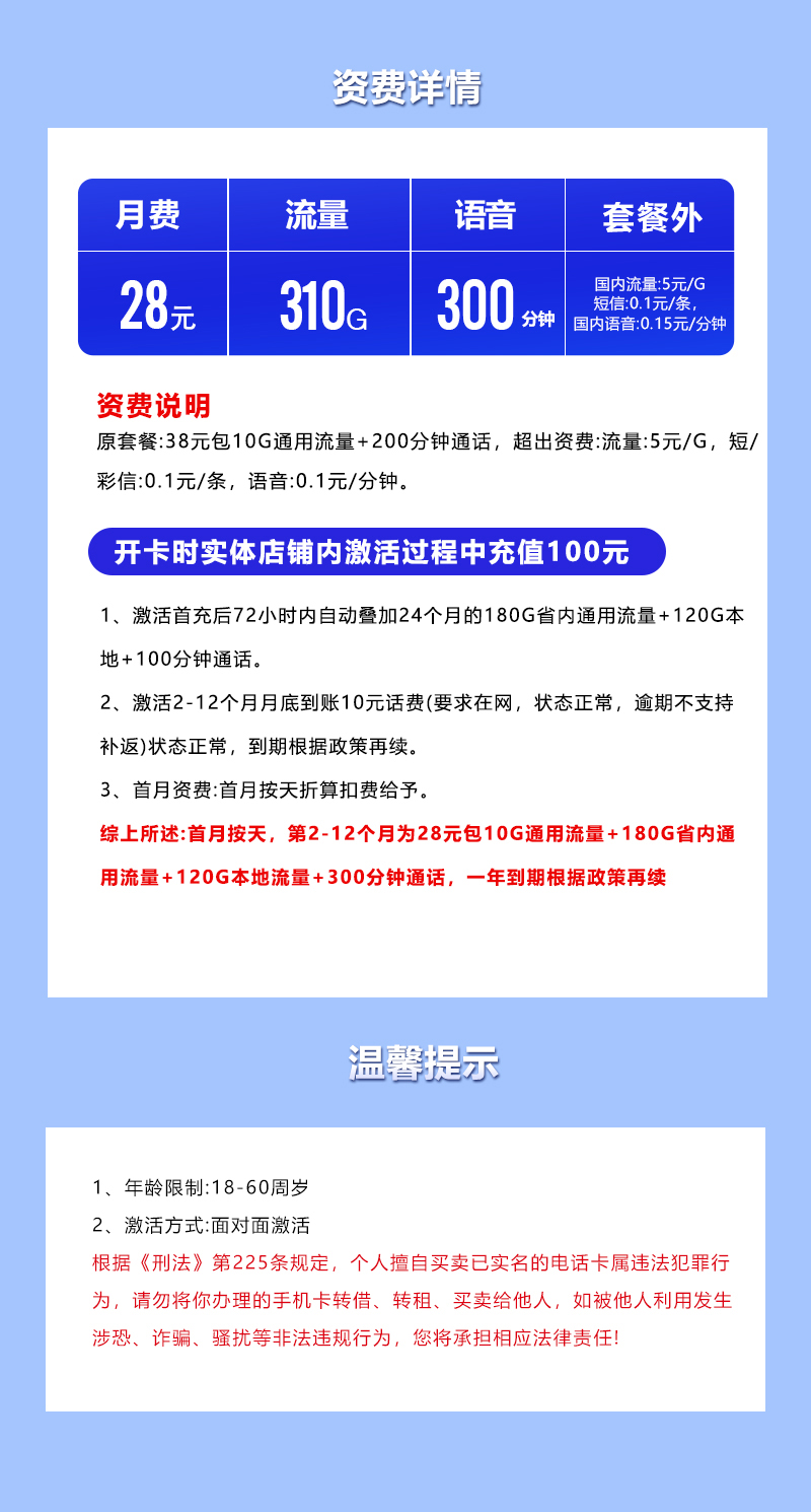 【实体卡】电信山东28元310G 套餐详情图